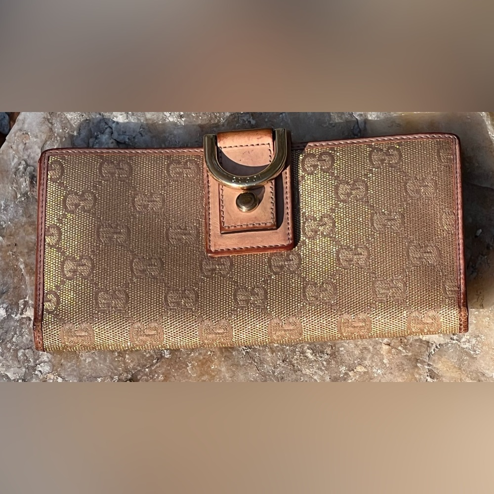 Gucci gold shimmer sparkle long wallet in canvas and vachetta leather